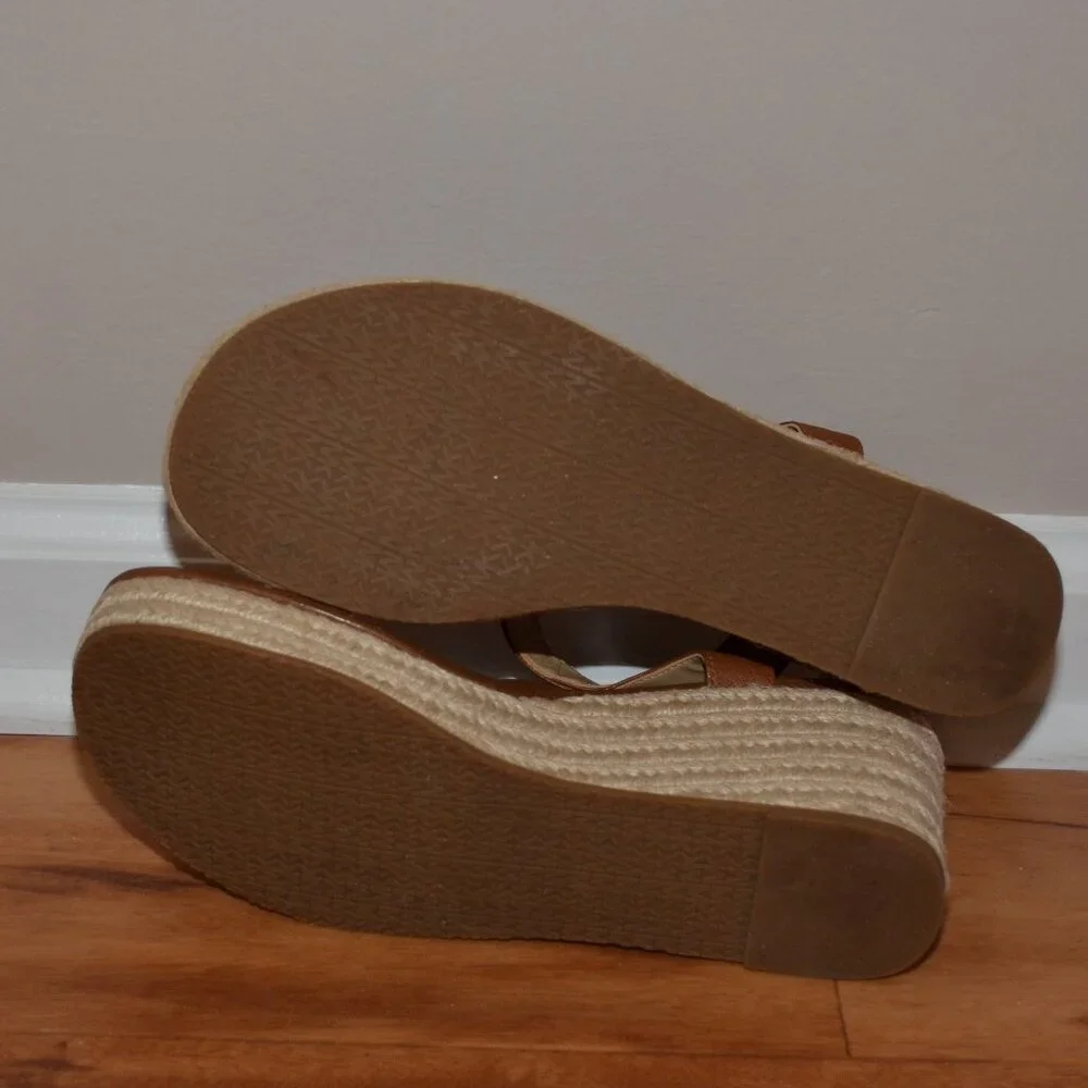 MICHAEL KORS LANEY LOGO ESPADRILLE WEDGE SANDALS LUGGAGE SIZE 8 MSRP $165.00
